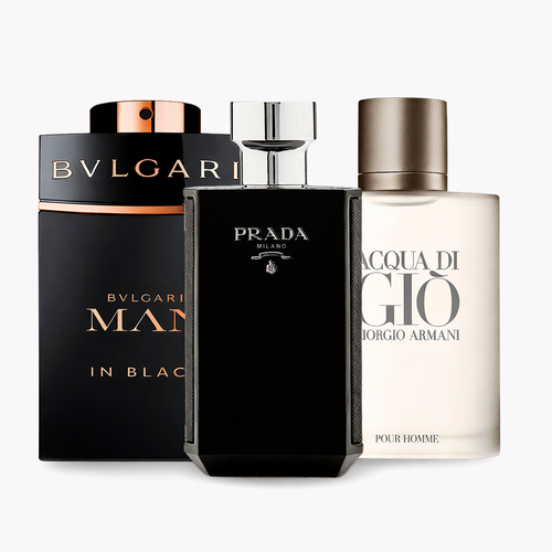 Combo de 3 perfumes: Bvlgari Man in Black, Acqua di Giò de Giorgio Armani, L'Homme Prada Intense de 100 ml