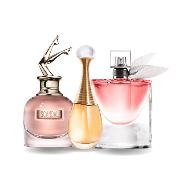 Combo de 3 perfumes: Scandal de Jean Paul Gaultier, J'adore de Dior y La Vie Est Belle de Lancôme de 100 ml