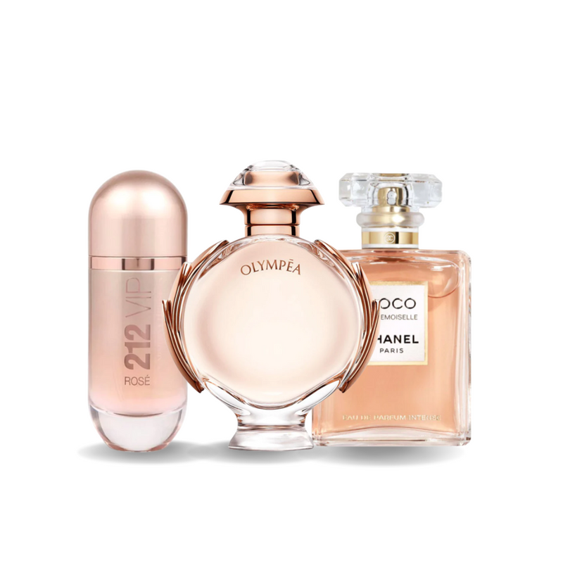 Combo de 3 perfumes: 212 VIP Rosé de Carolina Herrera, Olympéa de Paco Rabanne y Coco Mademoiselle de Chanel